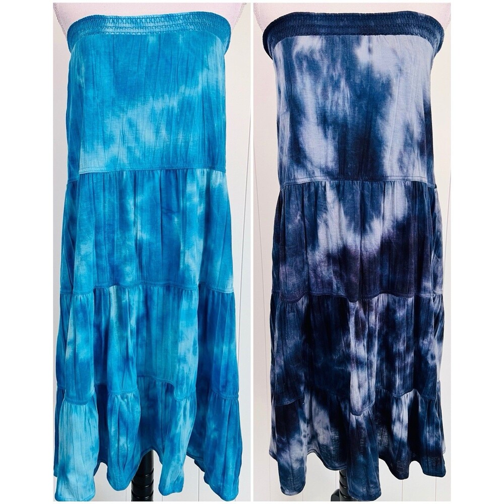 Pair of Cato Turquoise & Navy Blue Strapless Sundress / Maxi Skirts Tie Dye Med